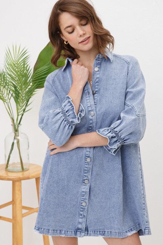 Blue B Puff Sleeves Button Down Washed Loose Denim Dress