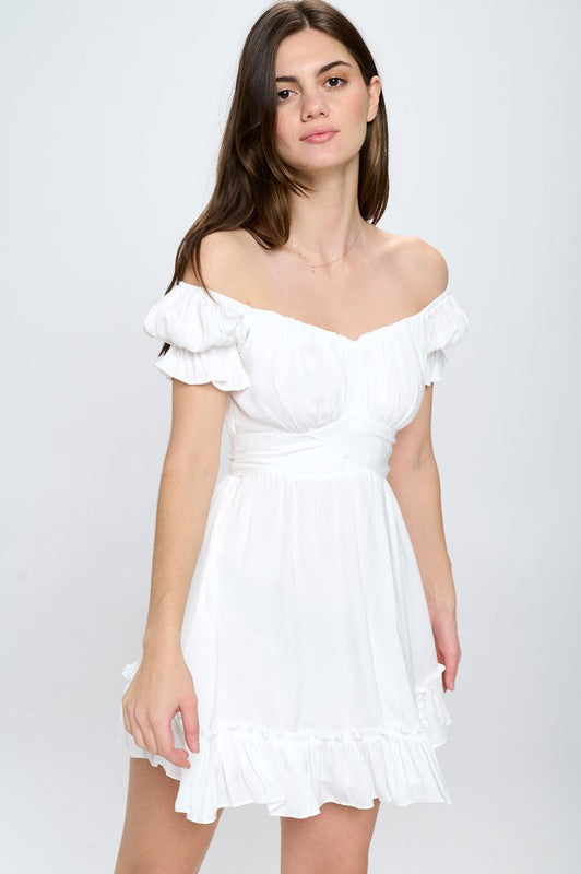 ONE & ONLY Off Shoulders Puff Sleeves Ruffled Hem Mini Dress in White