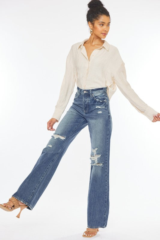 KanCan Ultra High Rise Distressed 90's Vintage Zip Fly Flare Jeans