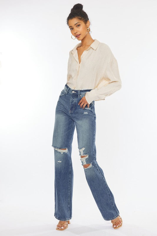 KanCan Ultra High Rise Distressed 90's Vintage Zip Fly Flare Jeans