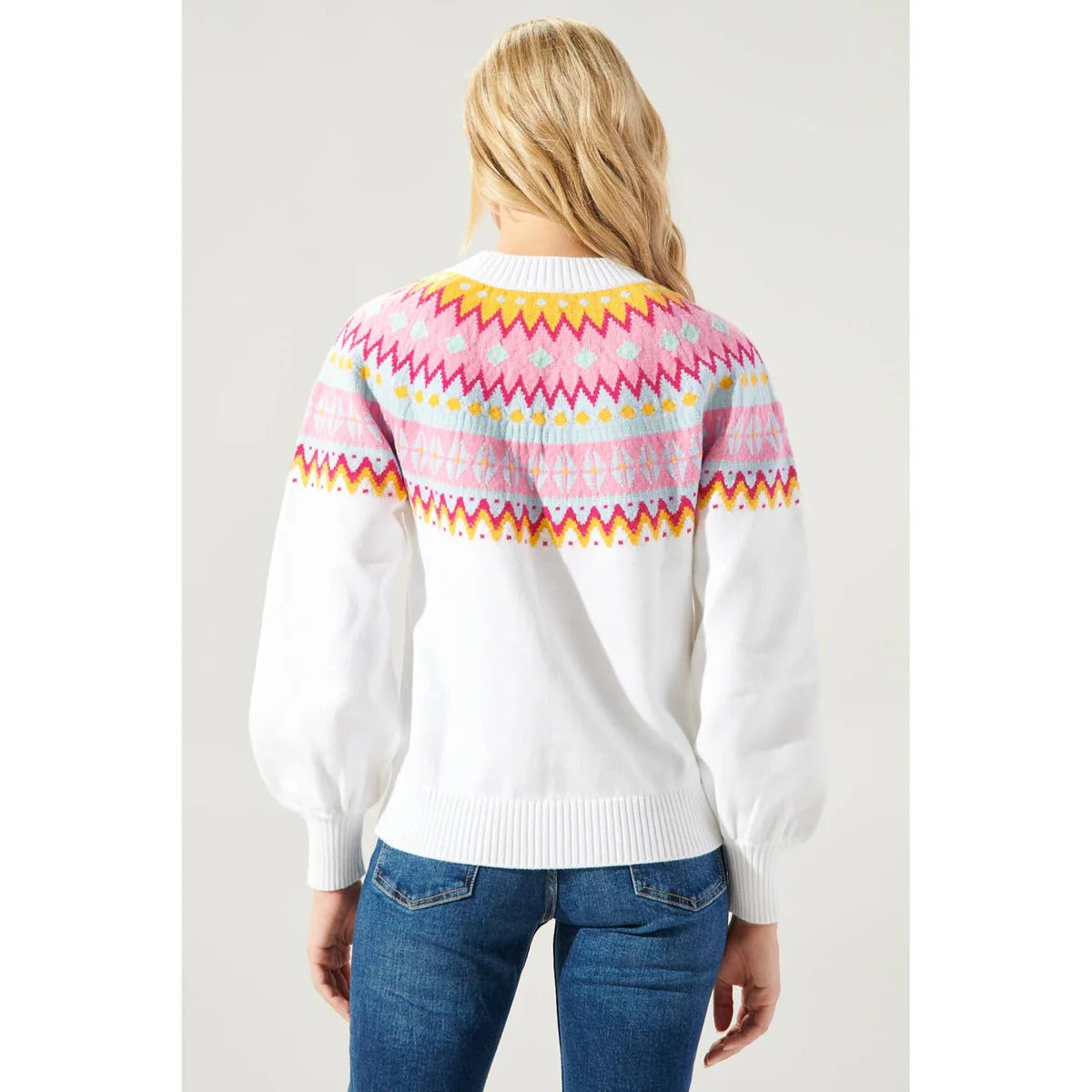 Threaded Pear Avery Ethnic Geometric Print Drop Shoulder Relaxed Sweater | White