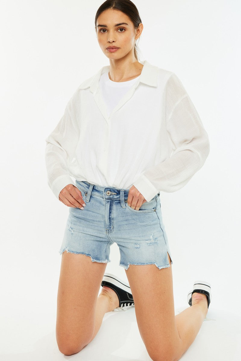 KanCan High Rise Side Slit Frayed Hem Distressed Medium Wash Denim Shorts