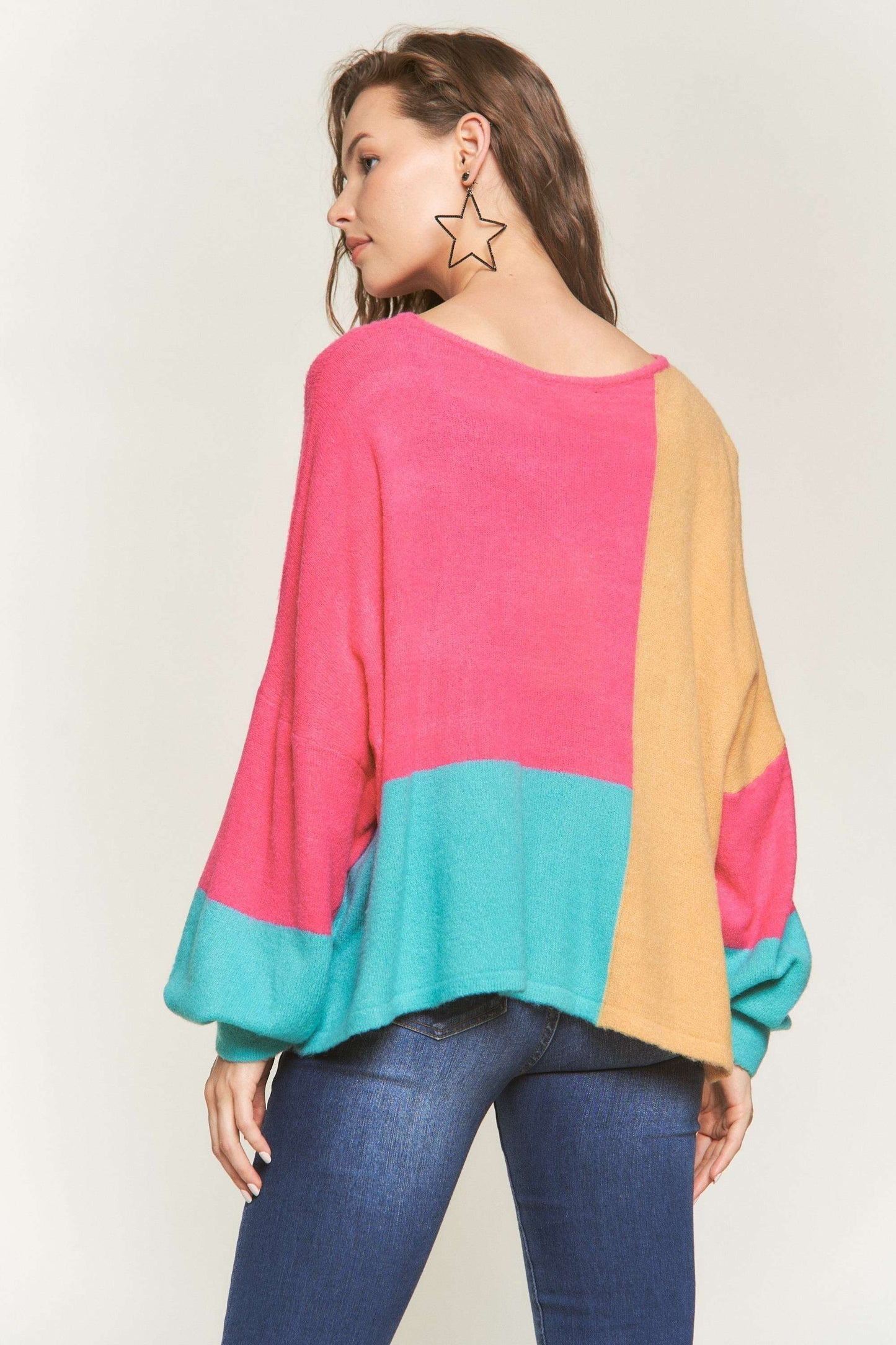 ADORA Color Block Long Sleeves Round Neck Oversized Pullover Sweater | Hot Pink