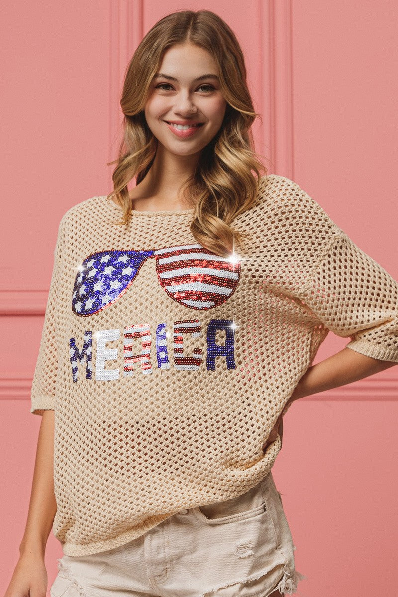 BiBi Sequin American Flag Sunglasses Pattern Open Knit Cover Up Top | Oatmeal