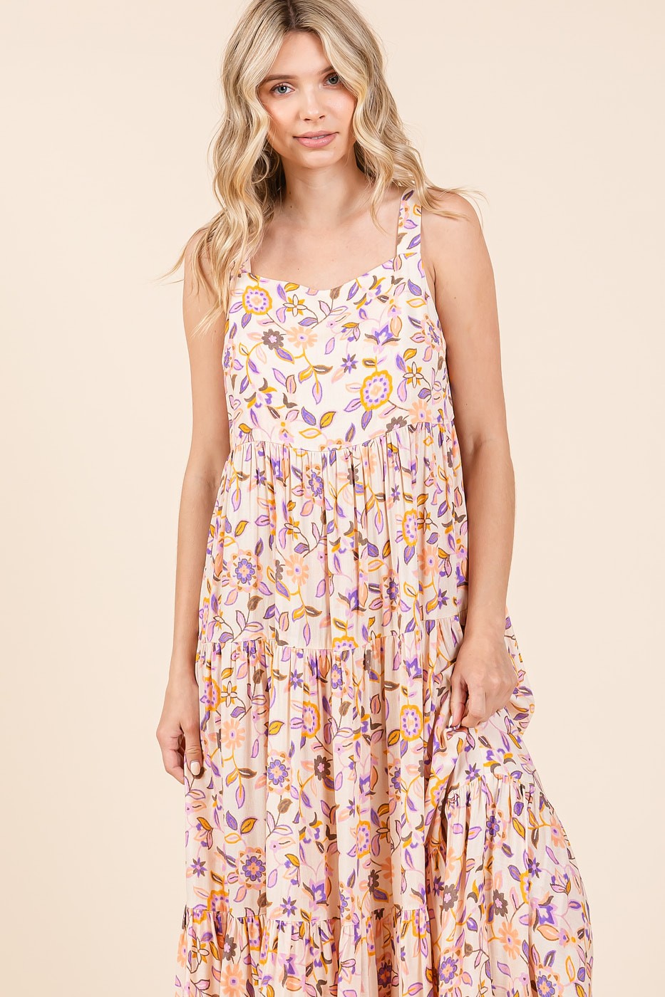 Mittoshop Flower Print Tiered Square Neck Sleeveless Empire Maxi Dress | Sherbet