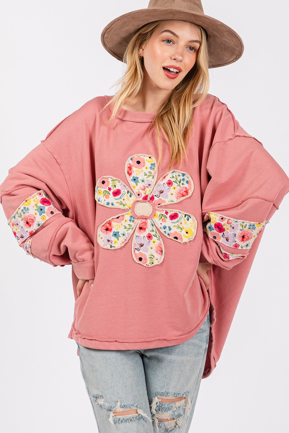 SAGE + FIG Daisy Patch Applique Long Sleeves Relaxed Fit Sweatshirt | Rose