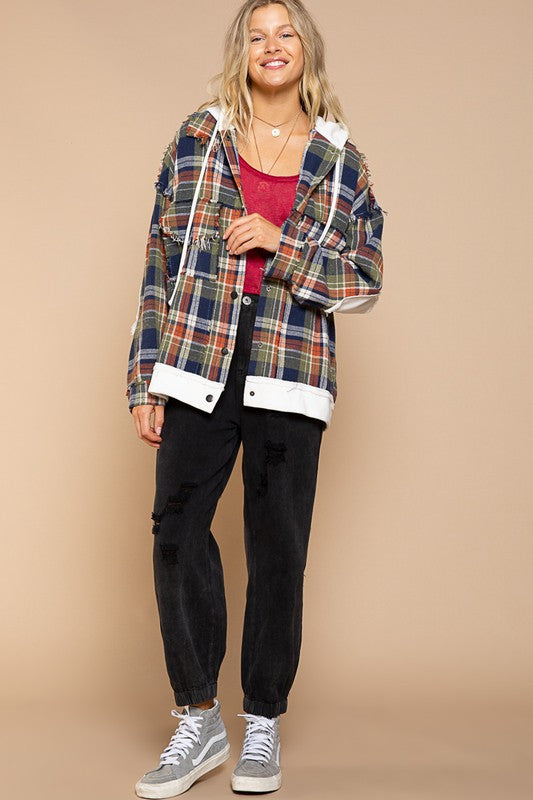 POL Oversized Fit Flannel Plaid Print Hooded Jacket with Pockets