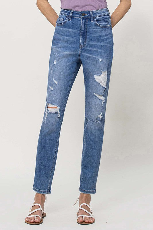 VERVET Scratch High Rise Distressed Detail Stretch Mom Jeans