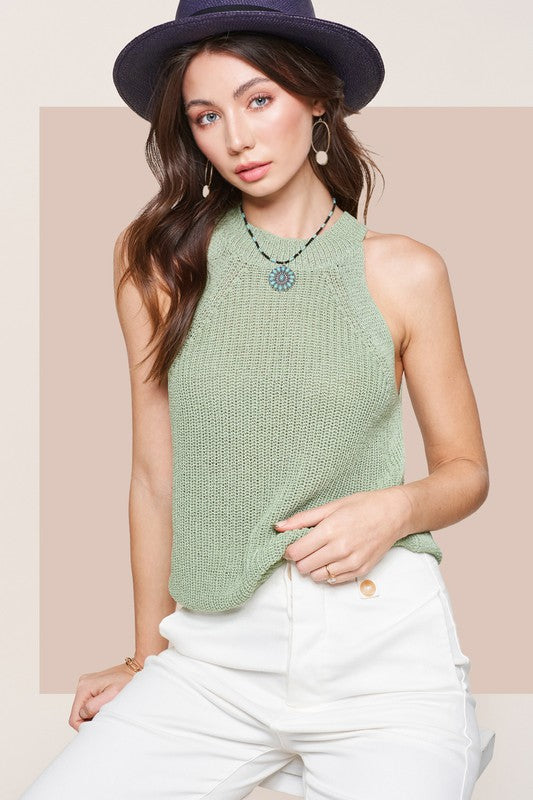 LA MIEL Ariah Halter Neck Relaxed Fit Ribbed Trim Knit Top