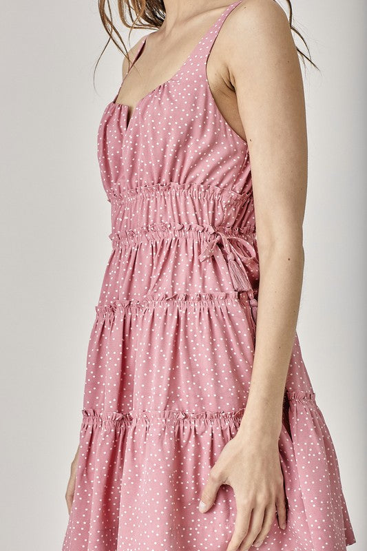 MUSTARD SEED Side Tassel Strap Tiered Polka Dot Mini Dress in Milky Pink
