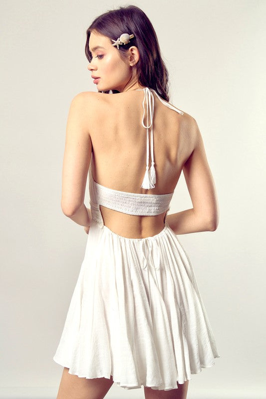 MUSTARD SEED Lace Trim Plunging Neckline Back Drawstring Mini Dress