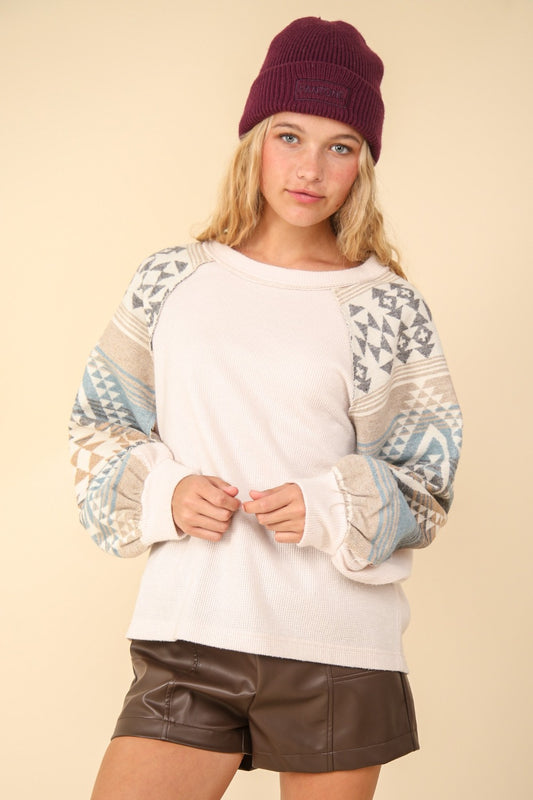 VERY J Aztec Printed Long Sleeves Round Neck Oversized Cozy Knit Top | Cream