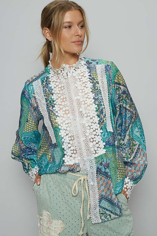 POL Lace Detail Long Sleeves Mock Neck Paisley Pattern Woven Blouse | Teal