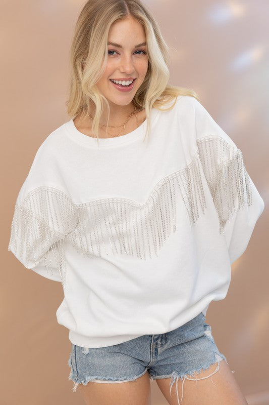 BLUE B French Terry Oversized Rhinestone Fringe Pullover Top