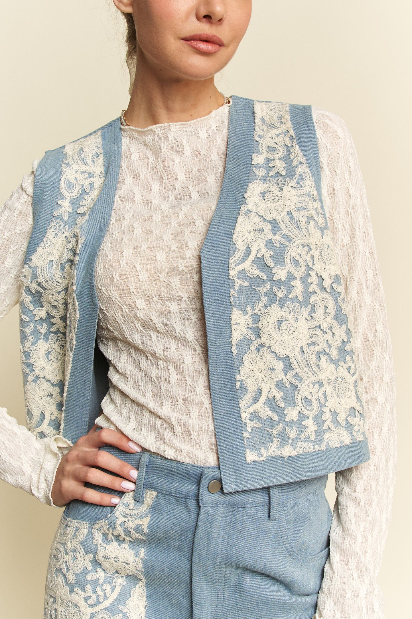 Davi & Dani Casual Textures Lace Patch Detail Open Front Denim Vest | Light Blue