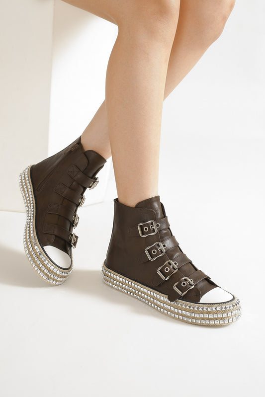 Beast Fashion Multi Buckle Straps Studded Platform Espadrille Sneakers | Brown