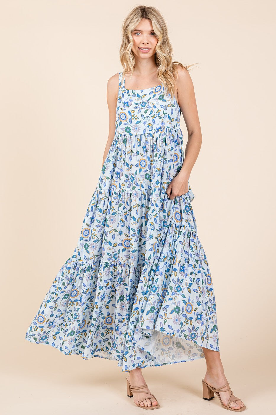 Mittoshop Flower Print Tiered Square Neck Sleeveless Empire Maxi Dress | Blue