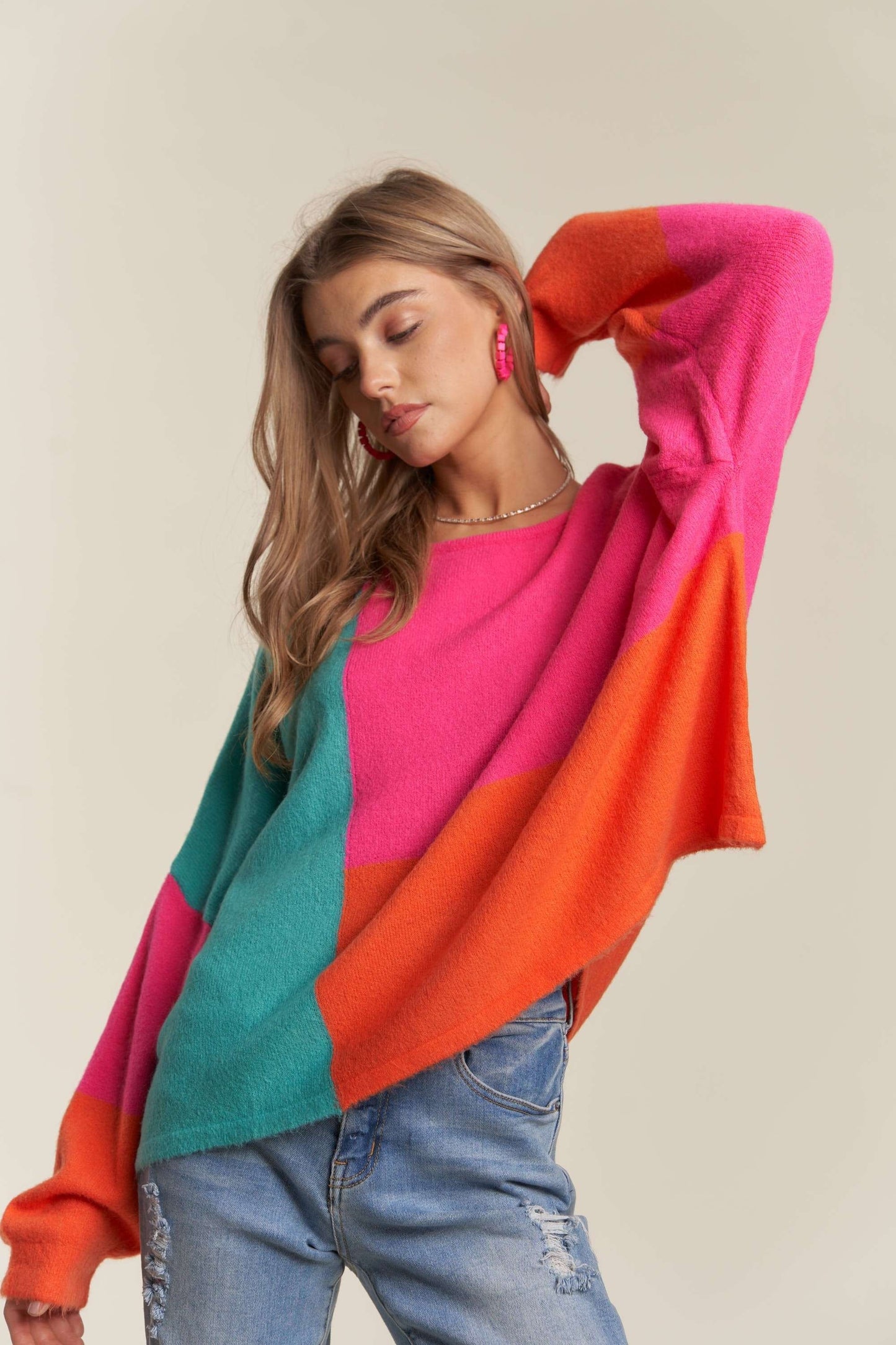 ADORA Color Block Long Sleeves Round Neck Oversized Pullover Sweater | Hot Pink