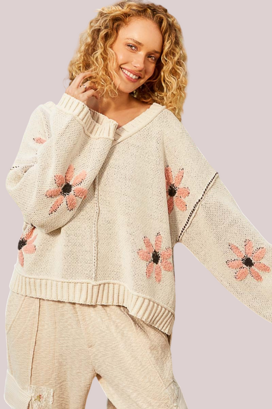 POL V-Neck Floral Pattern Chenille Long Sleeves Pullover Sweater | Pale Almond