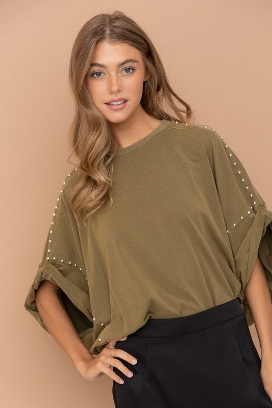 Blue B Round Neck Studded Oversized High-Low Hem Washed T-Shirt