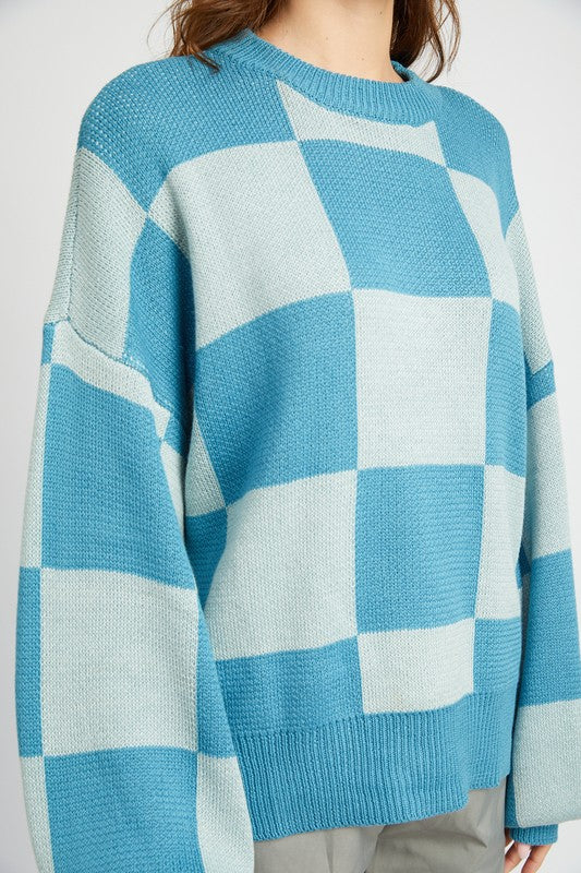 EMORY PARK Checkered Round Neck Bubble Sleeves Sweater