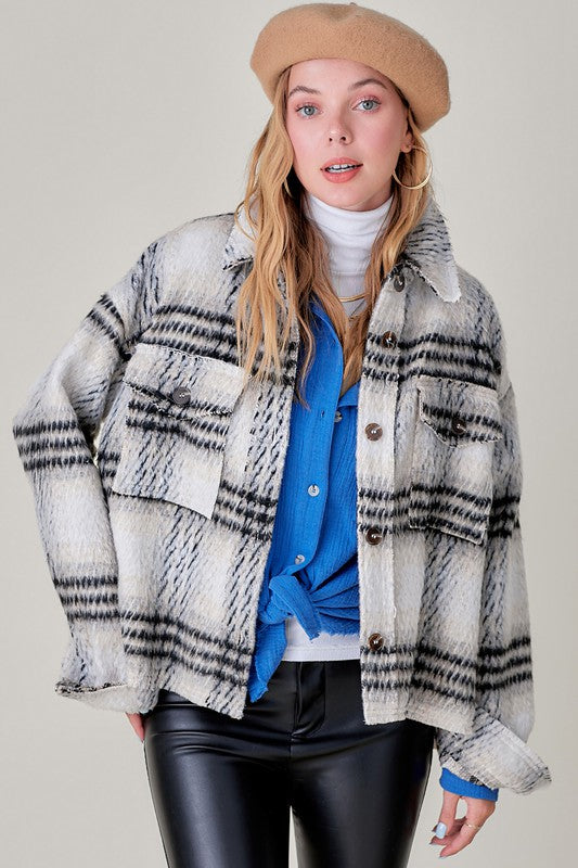 LA MIEL Madelyn Plaid Print Dropped Shoulders Jacket with Chest Pockets
