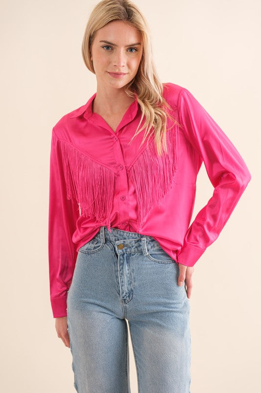 BLUE B Satin Button Up Shirt Blouse with Chevron Fringe Front and Back