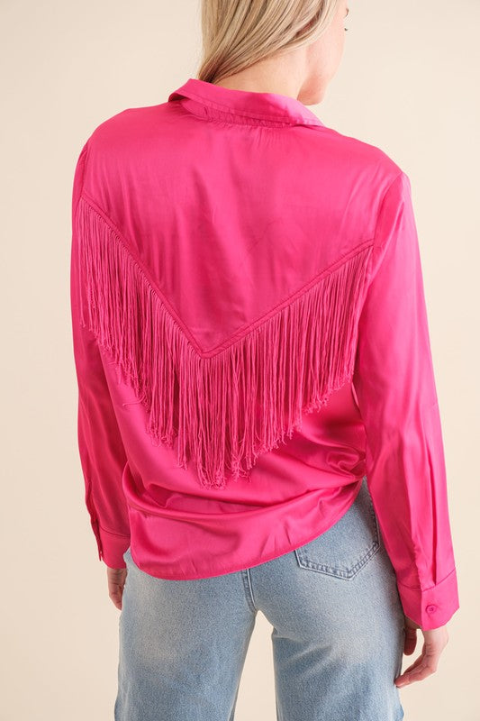 BLUE B Satin Button Up Shirt Blouse with Chevron Fringe Front and Back