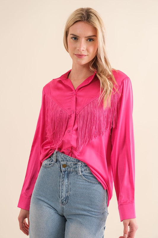 BLUE B Satin Button Up Shirt Blouse with Chevron Fringe Front and Back