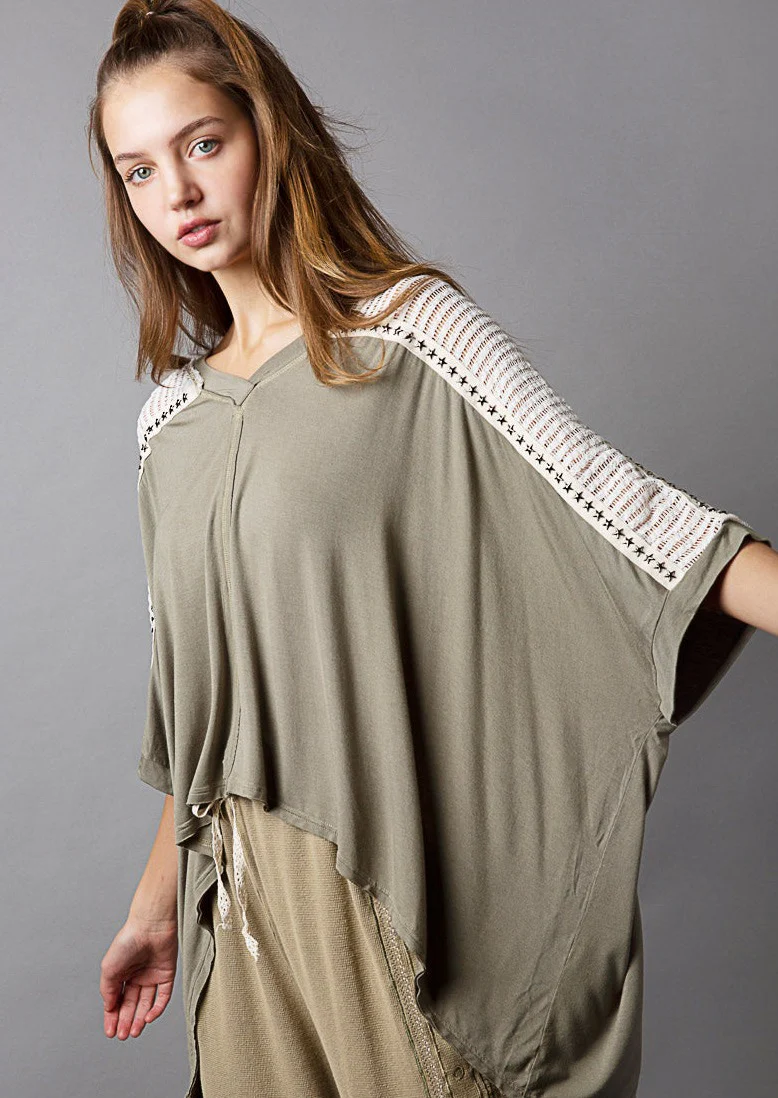 POL Oversized V-Neck Crochet Lace Contrast Studded Short Sleeves Top | Olive