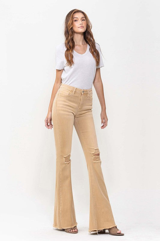 VERVET Dew Drop High Rise Frayed Hem Distressed Knees Khaki Flare Jeans