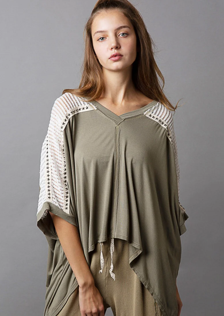 POL Oversized V-Neck Crochet Lace Contrast Studded Short Sleeves Top | Olive