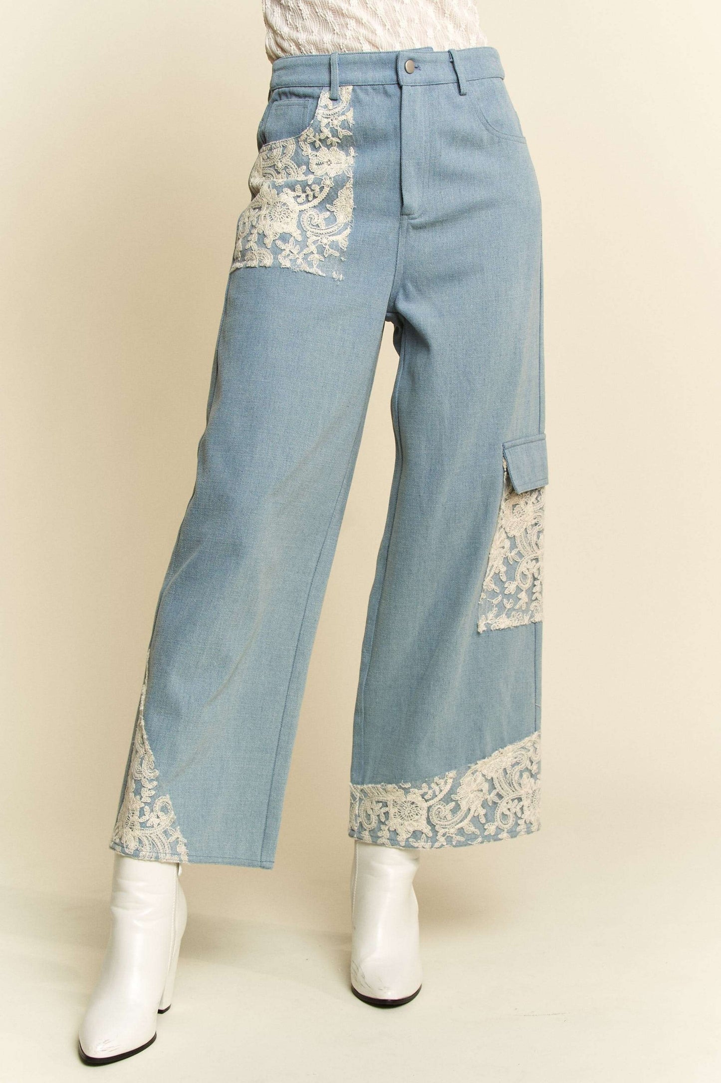 Davi & Dani Lace Applique Details Zipper Fly Wide Leg Denim Jeans | Light Blue