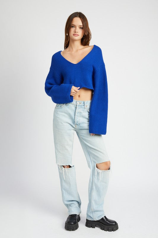 EMORY PARK Long Sleeves V-Neck Cropped Sweater