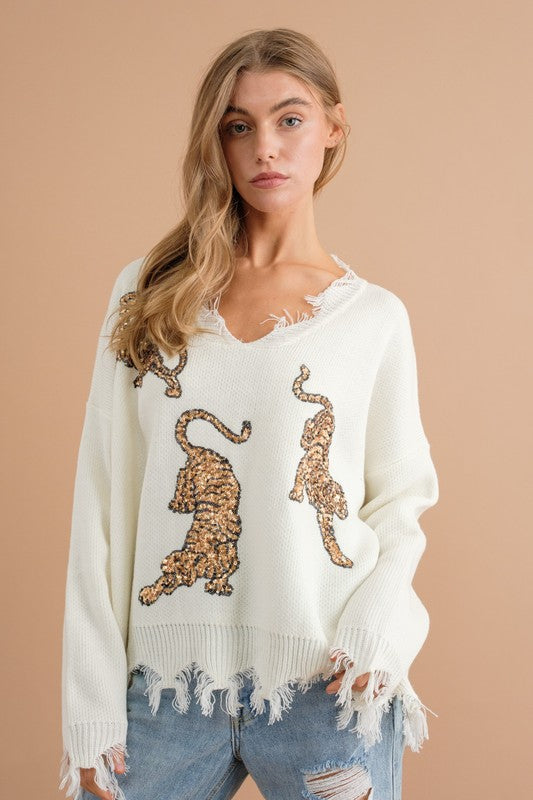 BLUE B Frayed Edge Sequin Tiger Long Sleeves Pullover Sweater