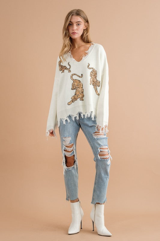 BLUE B Frayed Edge Sequin Tiger Long Sleeves Pullover Sweater