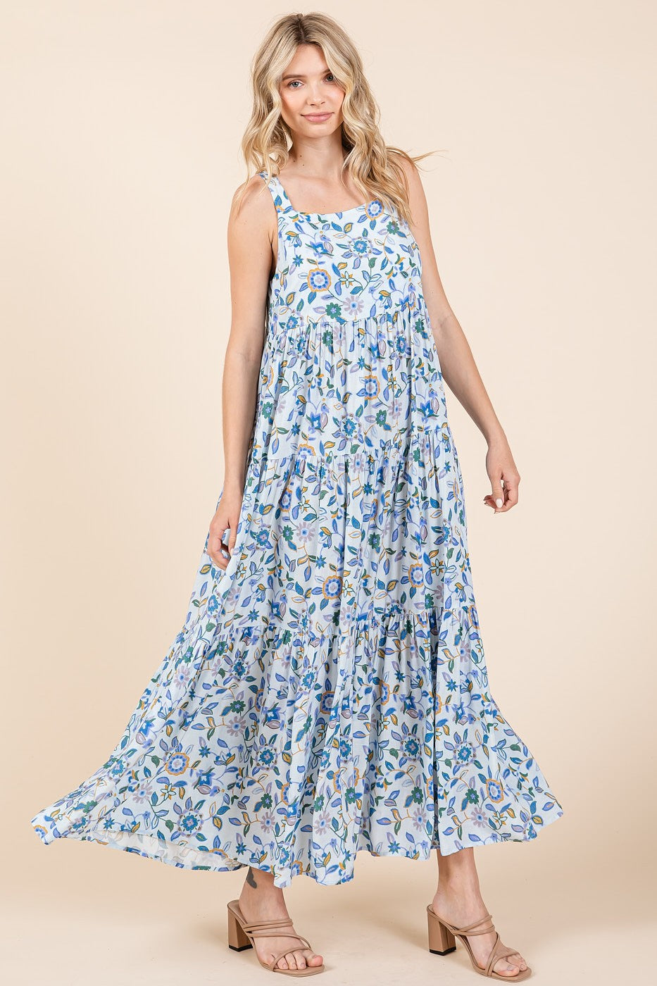 Mittoshop Flower Print Tiered Square Neck Sleeveless Empire Maxi Dress | Blue