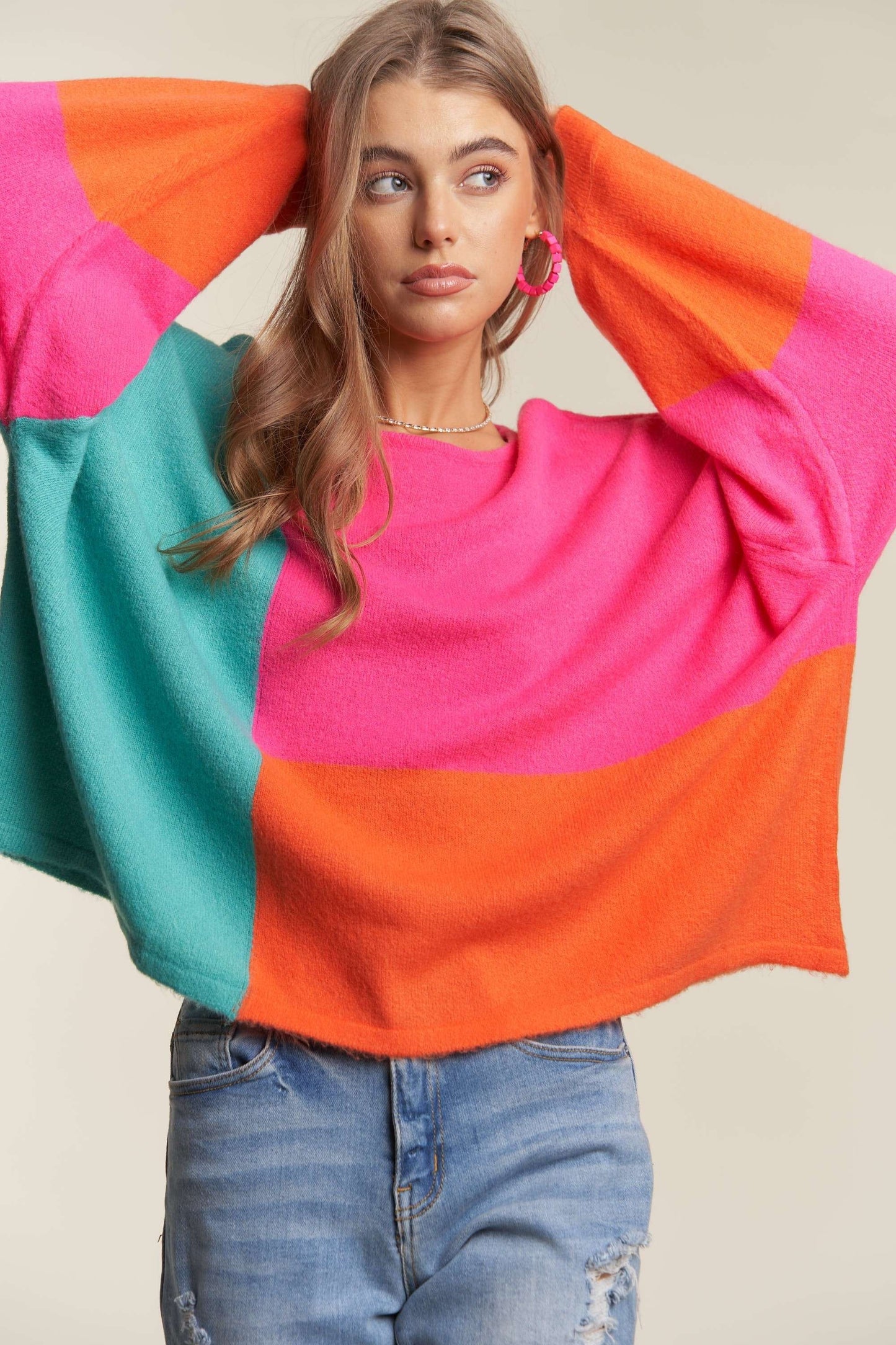 ADORA Color Block Long Sleeves Round Neck Oversized Pullover Sweater | Hot Pink