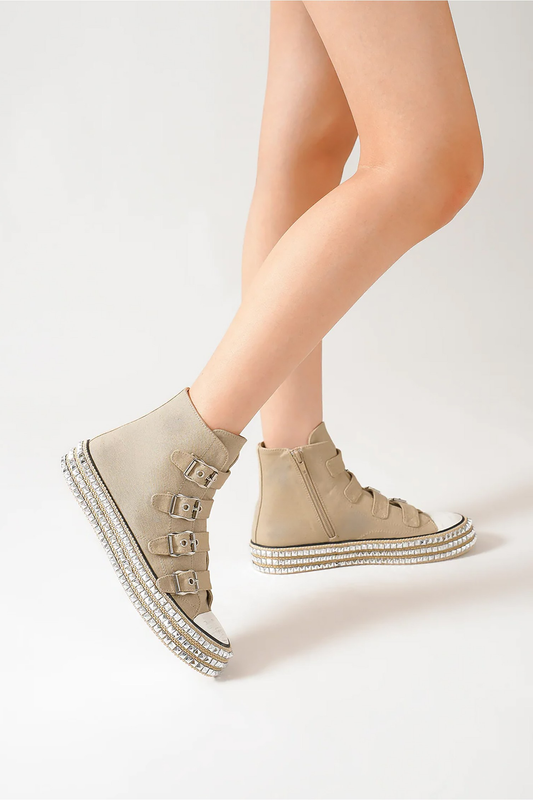 Beast Fashion Multi Buckle Straps Studded Platform Espadrille Sneakers | Khaki