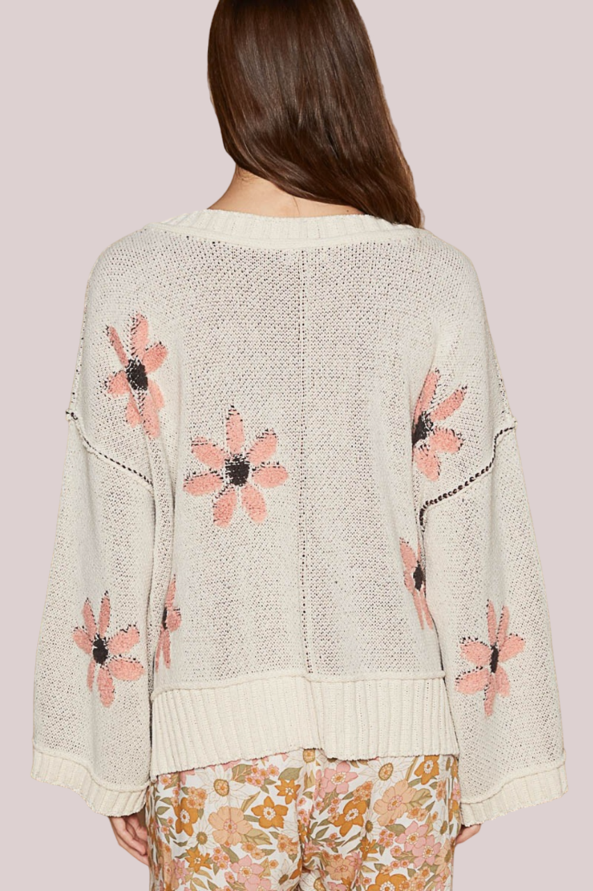 POL V-Neck Floral Pattern Chenille Long Sleeves Pullover Sweater | Pale Almond