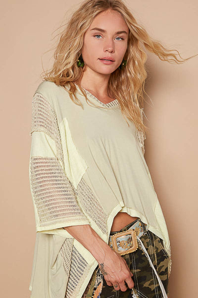 POL Boho Oversized High-Low Hem Contrast V-Neck Half Sleeves Top | Pistachio