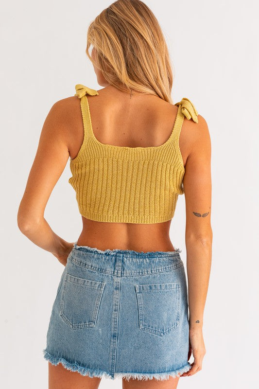 LE LIS Square Neck Shoulders Tie Cropped Knit Tank Top