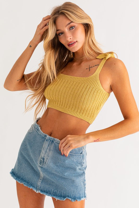 LE LIS Square Neck Shoulders Tie Cropped Knit Tank Top