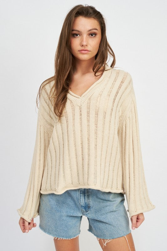 EMORY PARK Oversized Long Sleeves Ribbed Knit Sweater