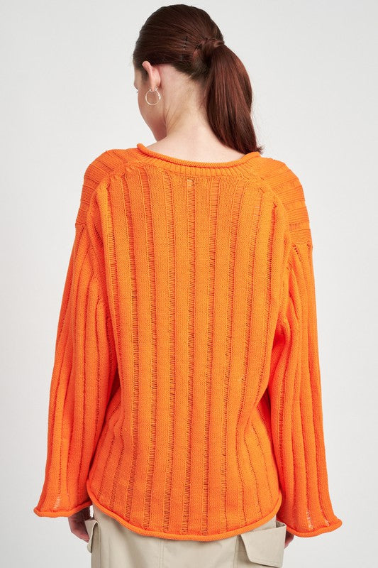 EMORY PARK Oversized Long Sleeves Ribbed Knit Sweater