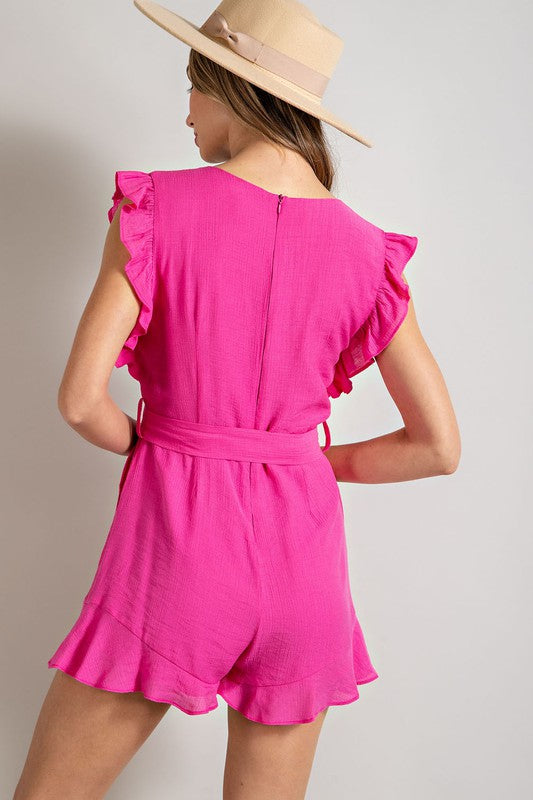 EESOME V-Neck Ruffled Trim Waist Tie Romper with Side Pockets