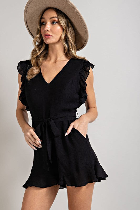 EESOME V-Neck Ruffled Trim Waist Tie Romper with Side Pockets