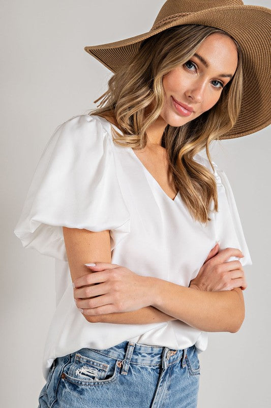 EESOME Relaxed Fit V-Neckline Puff Sleeves Blouse