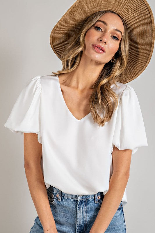 EESOME Relaxed Fit V-Neckline Puff Sleeves Blouse