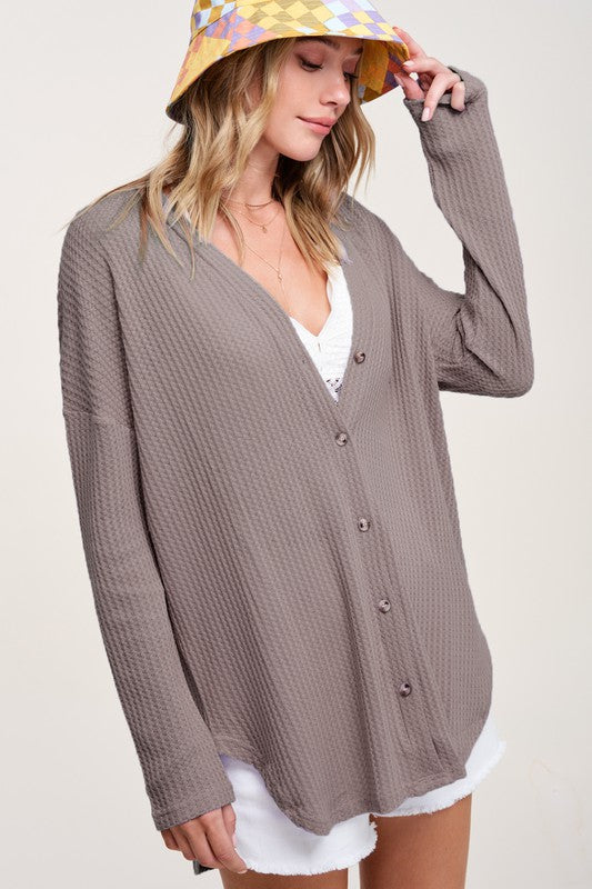LA MIEL Greta Waffle Knit Long Sleeves Button Front Cardigan